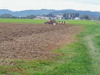 Pflügen mit Blick auf Schloß Wolfpassing